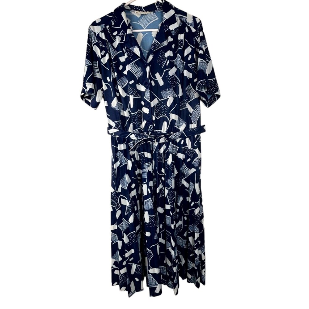 Anthony Richards Vintage Navy Blue Geometric Blouson Dress Belted Short Sleeve